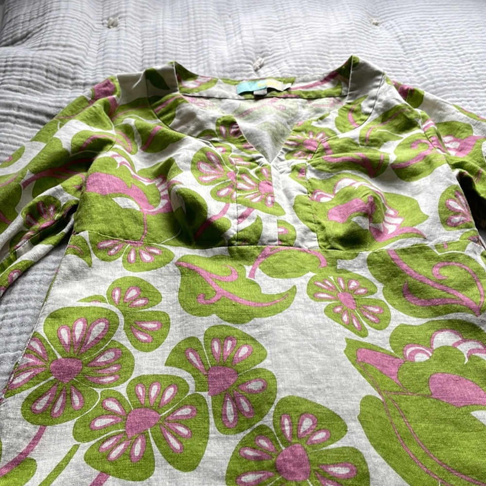 Boden short linen dress pink green and off white 3/4 sleeves size 6